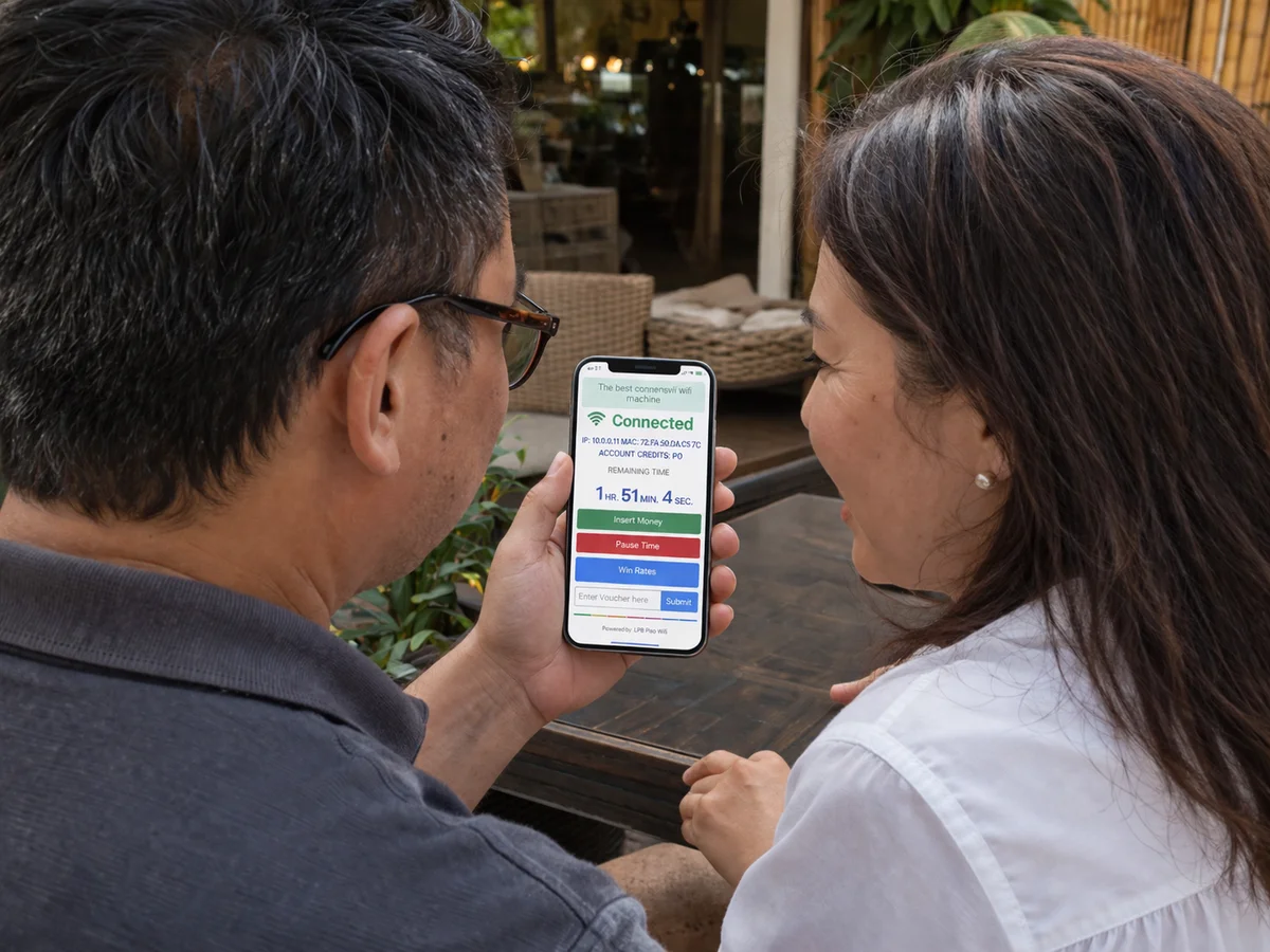 Couple accessing 10.0.0.1 Piso WiFi portal at a cafe