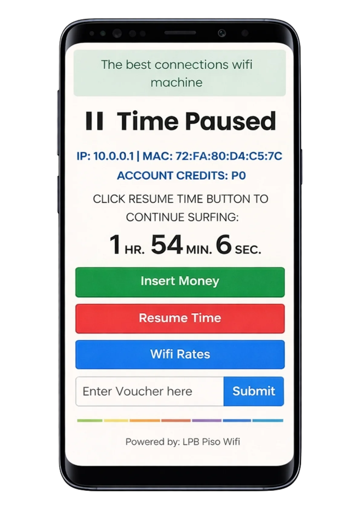 LPB Piso WiFi time paused screen showing remaining minutes